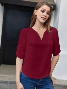 BizChic 女士纯红色翻领短袖衬衫，简约优雅商务休闲办公服饰，适合工作、通勤、教师制服等场合。 - 酒紅色 - 查看 3