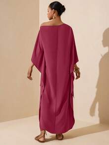 Vesra Women's Vacation Casual Solid Color Asymmetric Collar Dress - Rose Red - View 2