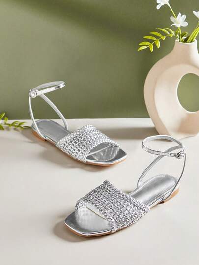 SHUZIA 女士时尚休闲舒适编织PU踝带平底凉鞋