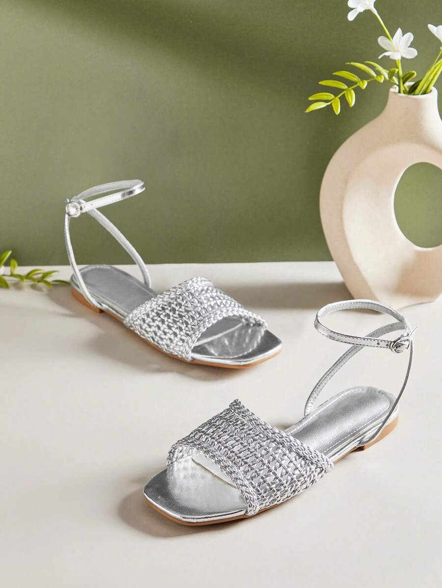 SHUZIA 女士时尚休闲舒适编织PU踝带平底凉鞋 - 銀色 - 查看 1