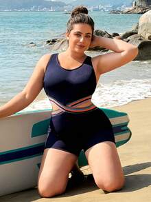 Swim SPRTY 大码女士连体泳衣，彩色肩带拼接纹理面料，适合海滩、度假村、游泳池、冲浪等场合。 - 藏蓝色 - 查看 5
