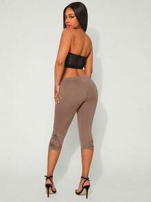 SHEIN SXY Quần legging ren tối giản màu trơn dành cho nữ, thích hợp mặc hàng ngày. - màu nâu - Xem 5