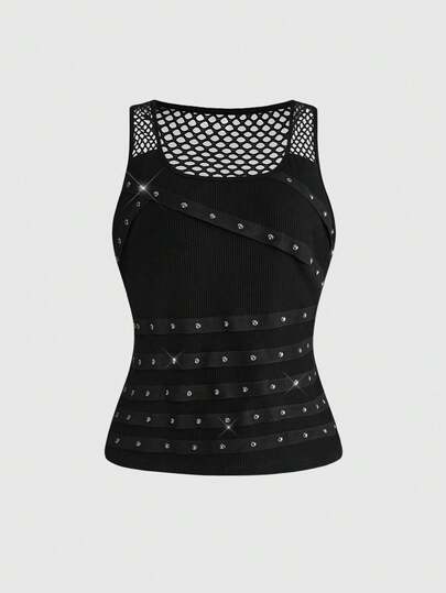 ROMWE Grunge Punk Áo vest cỡ lớn phong cách Punk, đính đá lấp lánh, lưới xuyên thấu, gợi cảm, màu đen, kiểu đan chéo, thích hợp cho lễ hội âm nhạc Rock.