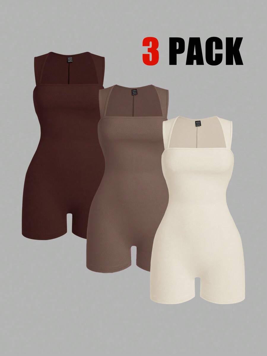 SHEIN EZwear 3件套女士天鹅领无袖紧身连体衣套装,塑身连体衣,女士连体衣,女士塑身连体衣,女士连体衣,女士连体衣套装,女士收腹连体衣套装 - 彩色 - 查看 1