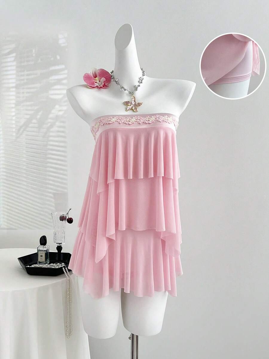 Sweetra Đầm hai dây viền bèo gợi cảm phong cách Y2K, đầm midi ngọt ngào và thanh lịch, đa năng. - Hồng - Xem 1