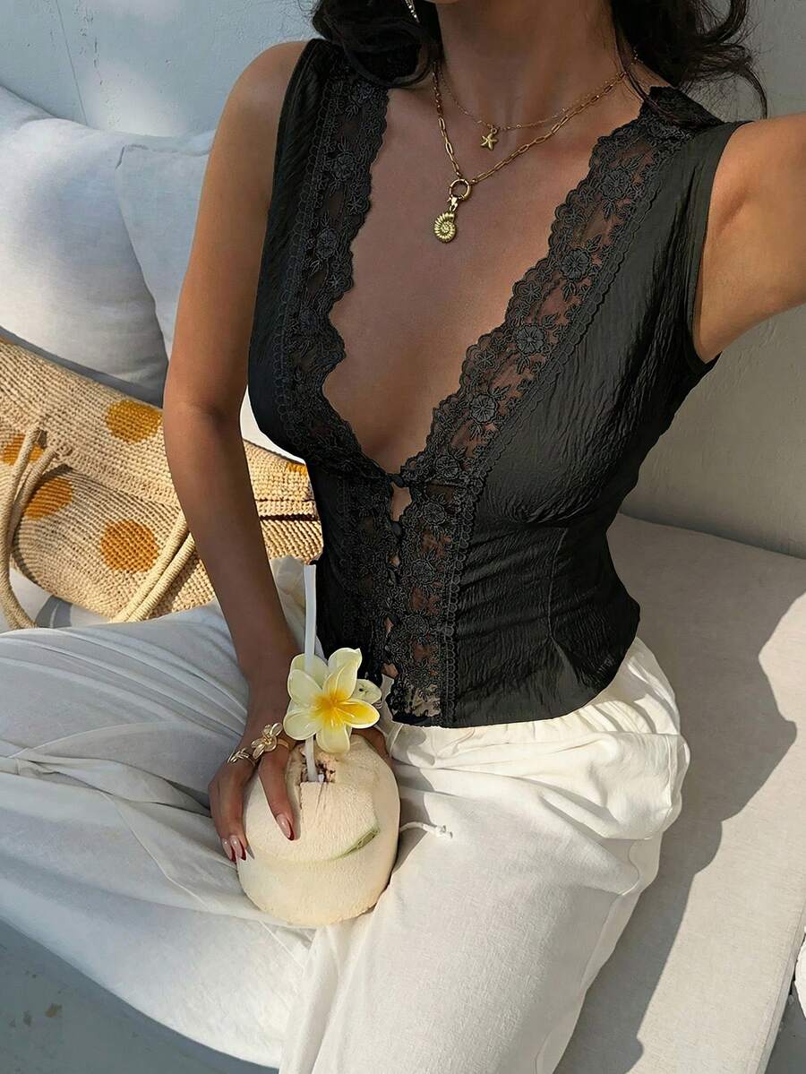 Aloruh Elegant Sexy Solid Color Lace Patchwork Sleeveless Top, Summer,Summer Top - Black - View 1