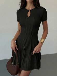 Aloruh Vestido de línea A de punto beige elegante y minimalista para uso diario de mujer - Negro - Ver 5