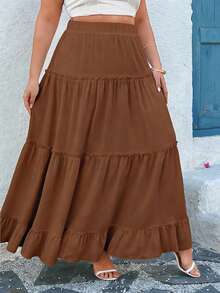 Vionelle Jupe ample pour femmes, élégante, de vacances, avec volants à l'ourlet, de couleur unie - Marron fonçé - Voir 3