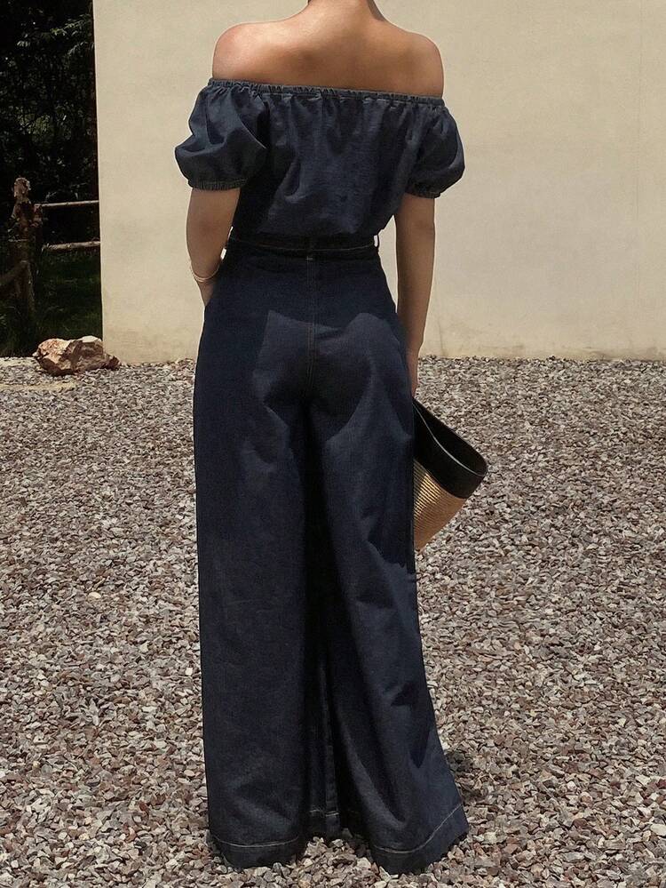 Women Denim Two Pieces Outfits,Off Shoulder Top