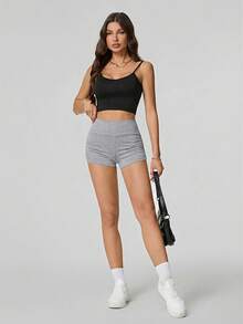 SHEIN Tall Quần short biker nữ màu trơn, xếp ly, thích hợp cho đạp xe mùa hè và tập yoga. - Xám - Xem 4