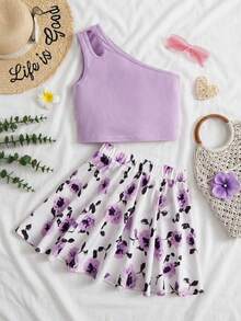 SHEIN Tween Girl One Shoulder Cut Out Top & Floral Print Skirt - Lilac Purple - View 3