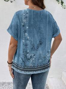 EMERY ROSE Camiseta de manga corta con cuello en V para mujer de talla grande, adecuada para el verano - Azul - Ver 2