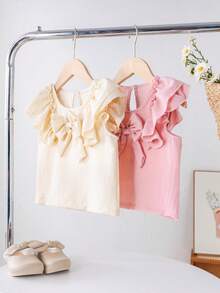 SHEIN 2件装 Genkimix 女童可爱3D蝴蝶结荷叶边双层飘逸袖休闲可爱时尚柔软上衣 - 彩色 - 查看 3