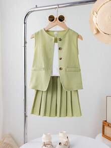 SHEIN Genkimix Kids 3pcs Set: Avocado Green Textured Woven Vest Jacket, Matching Pleated Skirt And Camisole Top For Toddler Girls, Casual Elegant Commuter Style, Spring/Summer - Olive Green - View 3