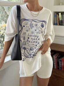DAZY Women's Summer Round Neck Loose Short Sleeve Printed Vacation Style Pullover T-Shirt - White - View 3