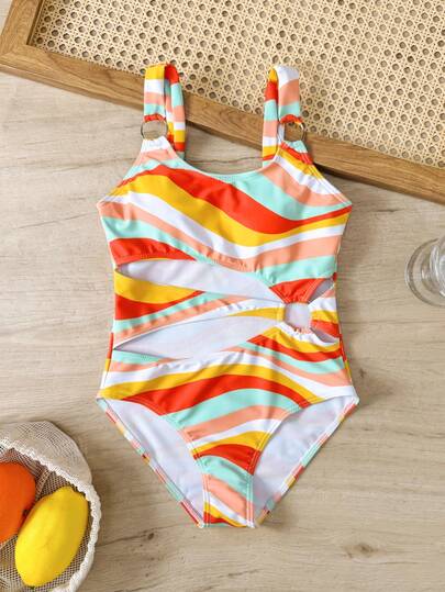 Colorful Random Stripe Print Tween Girls One-Piece Swimsuit, Refreshing Resort Style Suitable For Beach Vacation, Swimming Party, Pool Party In Summer