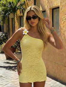 Bellisia Women's Yellow Summer Casual Vacation Holiday Backless Camisole High Waist Bodycon Dress,Hibiscus Accessory Elegant Wavy Bikini Swimsuit Coverup - Yellow - View 1