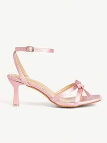 CUCCOO CHICEST Giày sandal cao gót quai chéo màu hồng satin, gót vuông, nơ, hở mũi. - Hồng - Xem 3