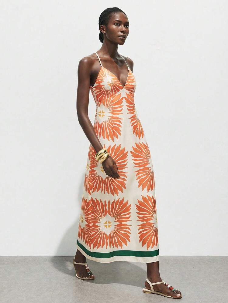 SHEIN Maija Women's New Elegant Floral Print Spaghetti Strap Dress, Fashionable Holiday Casual Design, Graceful Women's Vacation Dress All-Season Versatile Modern Urban Fashion Business Casual Women's Wear Office Attire Understated Old-Money Style, Elegant And Sophisticated, High-Quality Commuter And Airport Women's Wear Summer Dresses For Women Spring Dresses For Women Sun Cruise Outfit For Women Sundress Resort Dresses For Women Bohemian Style Vacation Outfits Seaside Women's Clothing, Country Music