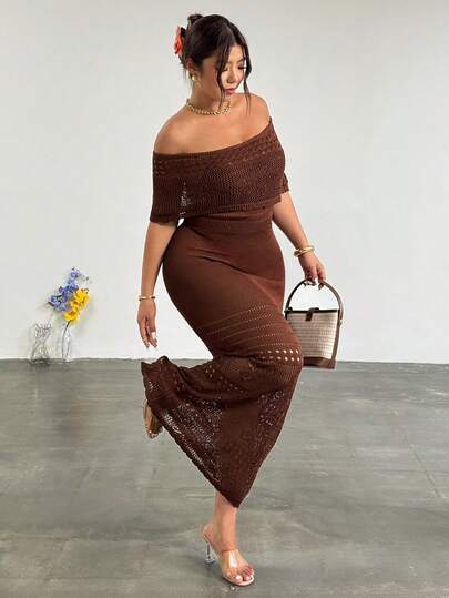 Firerie Plus Size Solid Color Off-Shoulder Knit Dress, Vacation & Beach