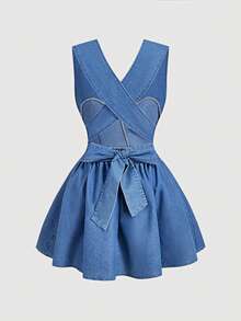 SHEIN MOD 女士露背交叉设计性感无袖牛仔连衣裙 - 藍色 - 查看 2