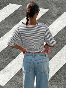 Muchica Women's Casual Striped Batwing Sleeve Top, Summer Casual Top - White - View 2