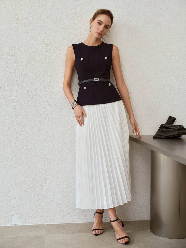 FASHION RHINESTONE FAUX PEARLS PATCH POCKET SLEEVELESS BELTED TOP & PLEATED SKIRT SET