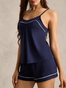 Women's British Style Navy Blue Contrast Trim Camisole & Shorts Pajama Set - Navy Blue - View 4