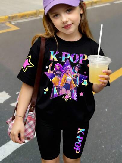 Tween Girls Spring And Summer Casual Fashion Creative Personalized Refreshing High-End Cool Virtual Girl Group Colorful Pentagram Star Music Symbol Heart Star Letter Slogan Print Casual Basic Short T-Shirt + Bike Shorts Set, Comfortable Cozy Summer And Fall Styles Suitable For Spring, Summer And Autumn, Daily Sports Outfits, Sets
