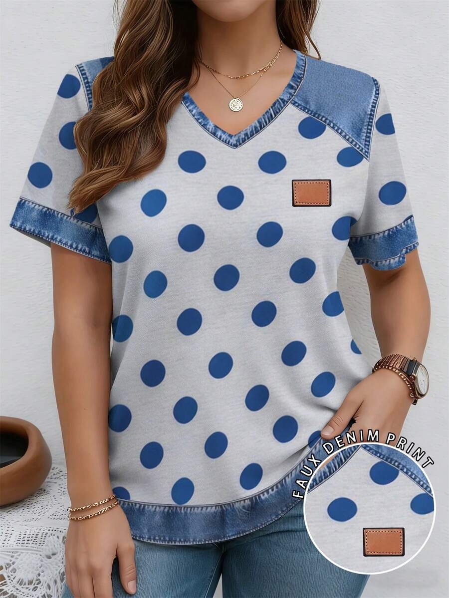 EMERY ROSE Printed Patchwork Polka Dot V-Neck Short Sleeve Casual Plus Size T-Shirt, Spring & Summer - Multicolor - View 1