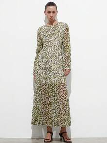 Aveloria Modichic 女士豹纹圆领长袖连衣裙 - 綠色 - 查看 3