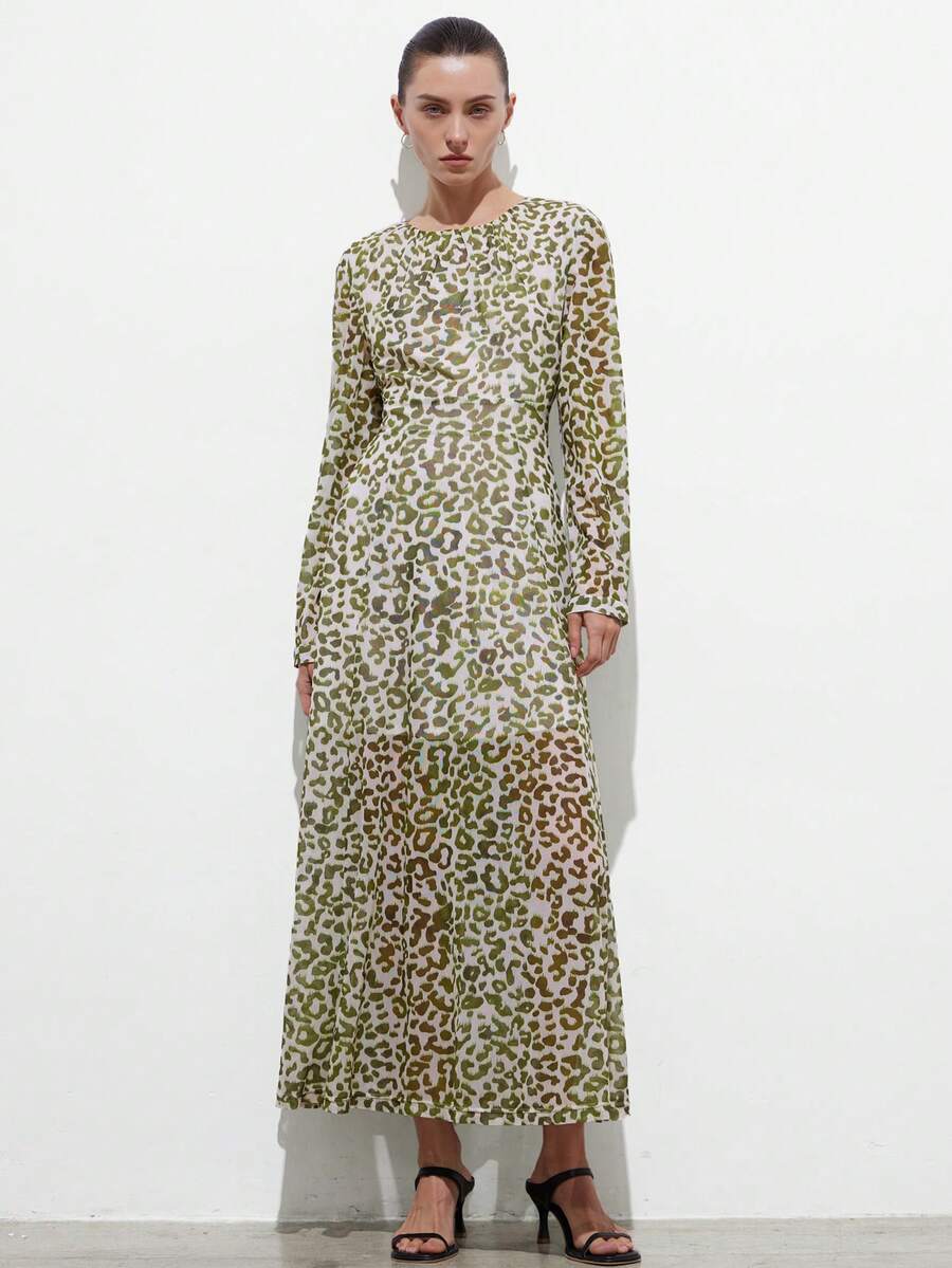 Aveloria Modichic Vestido de manga larga con cuello redondo y estampado de leopardo para mujer - Verde - Ver 1