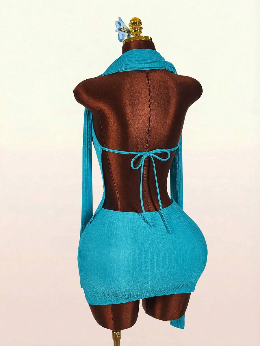 Amplova Women's Turquoise Blue Summer Textured Halter Backless Deep V Twist Knot Mini Dress Techno Night Out Club Night Club Rave Avant-Garde Asymmetrical Hem - Blue - View 1