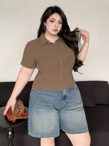 Dazy Plus Camiseta de manga corta ajustada con textura de tela, primavera/verano - Camel - Ver 4
