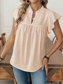 女士休闲度假纯色镂空蕾丝V领荷叶袖衬衫，春夏款 - 卡其色 - 查看 5