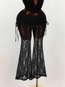 Amplova Low-Waist Sexy Sheer Flare Pants - Black - View 6