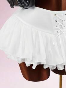 Amplova Women's Summer Fashion Solid Color Cross-Tied Ruffle Hem Skirt Night White Sexy - White - View 2