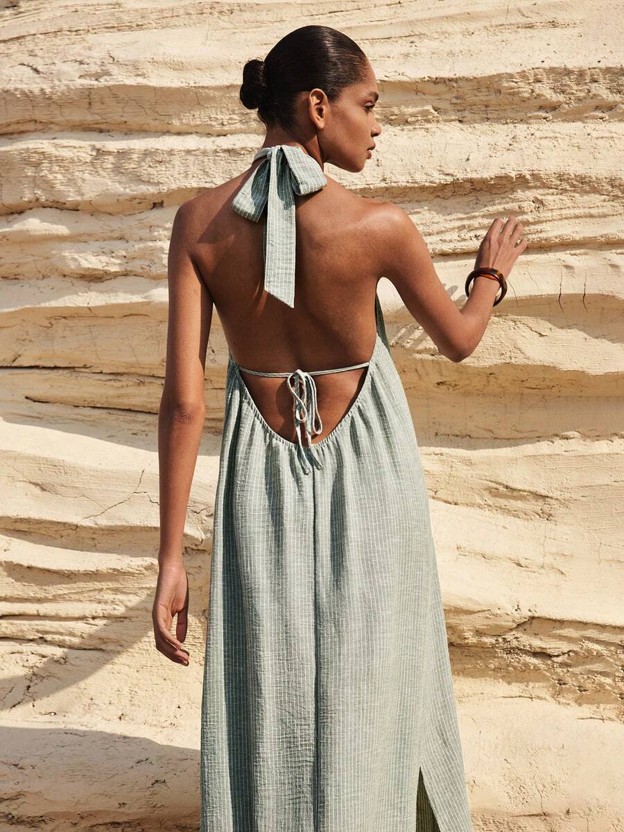 Maija Women's Vacation Striped Backless Halter Dress - Multicolor - View 1