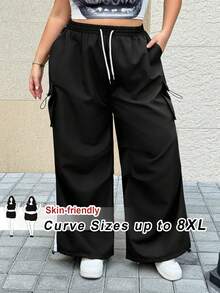 SHEIN CURVE+ Women's Summer Streetwear Sport Basic Flap Pocket Side Drawstring Waist Parachute Grey Cargo Pants - Black and White - View 9
