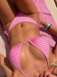 Swim Mod 女士夏季新款性感露背系带低腰波点印花粉色比基尼套装 - 粉色 - 查看 1