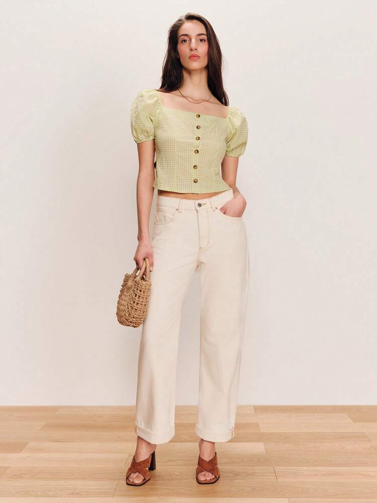 Cute Square Neck And Puff Sleeves Green Checked Blouse Romantic Elegant Top Going Out Vintage Top Cute Top Spring Summer Vacation Top Holiday Top French Style Parisian Style Casual Summer Outfits For Woman Spring Outfits For Women Vintage Outfit For Women