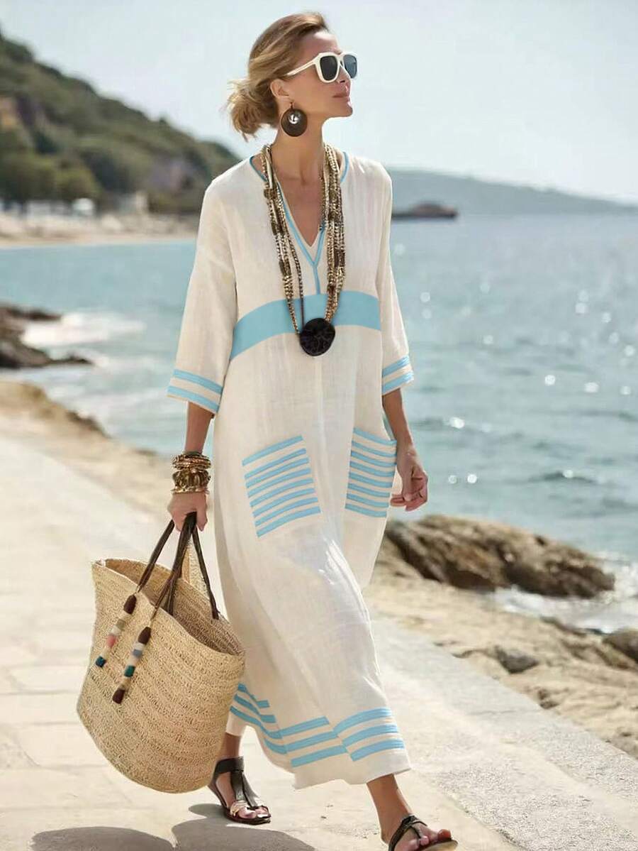 SHEIN Holidaya V-Ausschnitt 3/4 Ärmel Platzierung Muster locker fallende Maxi Kleid für Frauen, geeignet für Frühling, Sommer, Herbst, Winter, Neujahr, Halloween, lässige Passform für den täglichen Gebrauch, elegant, geeignet für Party, Strand, romantisches Date, modisch lässiger Pendler-Outfit - Blau - Übersicht 1