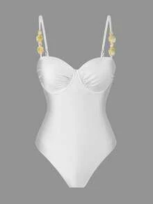Bộ đồ bơi liền thân 3 mảnh Swim Oasis dành cho nữ, màu be trơn, có gọng, dây đeo vai mảnh, viền bèo nhún điều chỉnh được và chân váy lưới trang trí kim loại có thể tháo rời, thích hợp cho mùa hè. Bộ đồ bơi Rouche, phụ kiện đồ bơi, trang phục dự tiệc bể bơi cho nữ. - trắng - Xem 5