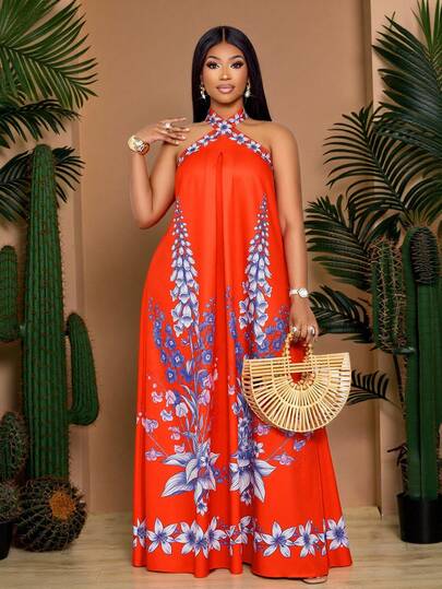 SOLERSUN Vestido de talla grande de primavera/verano con nueva llegada, estampado floral botánico de dos tonos con contraste, cuello halter cruzado con pliegues, espalda descubierta, cintura elástica y silueta en línea A, adecuado para uso diario, reuniones casuales, citas, San Valentín, viajes, vacaciones en la playa, celebraciones de Año Nuevo, festivales de música, carnavales. Un vestido de moda sexy, elegante y bohemio para mujeres.