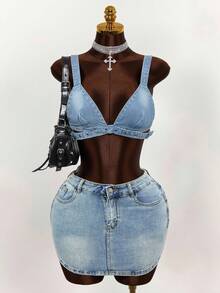 Slaydiva Women's Fashionable Street-Style Washed Eyelet Button-Up Denim Blouse, Summer - Blue - View 1