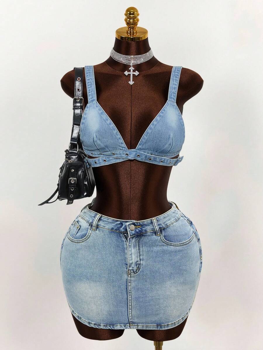 Slaydiva Women's Fashionable Street-Style Washed Eyelet Button-Up Denim Blouse, Summer - Blue - View 1