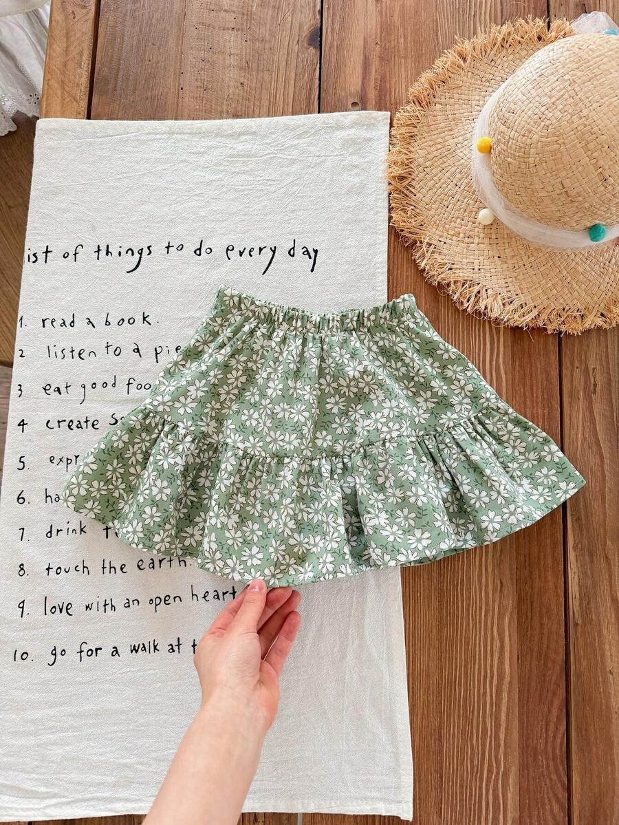SHEIN LMoss Kids Babygirl Cute Floral Elastic Waist Mini Skirt, Summer - Green - View 1