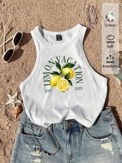 Tseoso Camiseta de tirantes ajustada con estampado gráfico retro de limón de 34% algodón para mujer - Ropa de calle de aeropuerto de verano, chica de isla vintage de vacaciones junto al mar, vibraciones de vacaciones románticas, vacaciones de primavera, chica suave linda, chica limpia, vacaciones en la playa, crucero, festival de música bohemia, concierto, invitada de boda, viaje a la ciudad y elegante primavera, verano, otoño