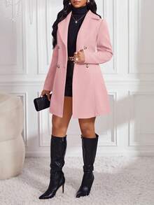 SHEIN Lady 秋冬粉色翻领毛呢大衣优雅女士秋季风衣女外套双排扣毛呢大衣背带设计冬季女士外套风衣女外套秋季女装搭配冬季女装女装秋季女装 - 粉色 - 查看 3