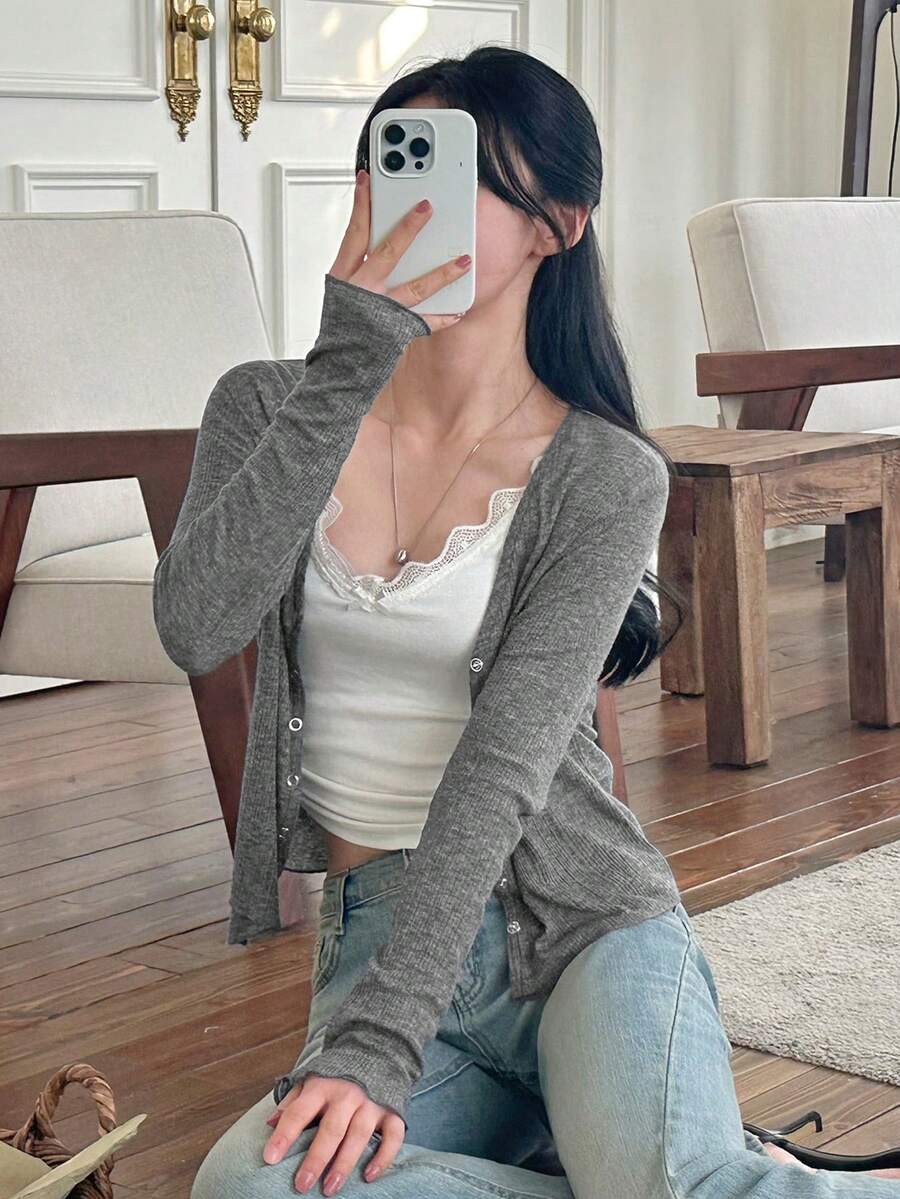 DAZY 女士休闲百搭纯色前开襟长袖T恤 - 深灰色 - 查看 1